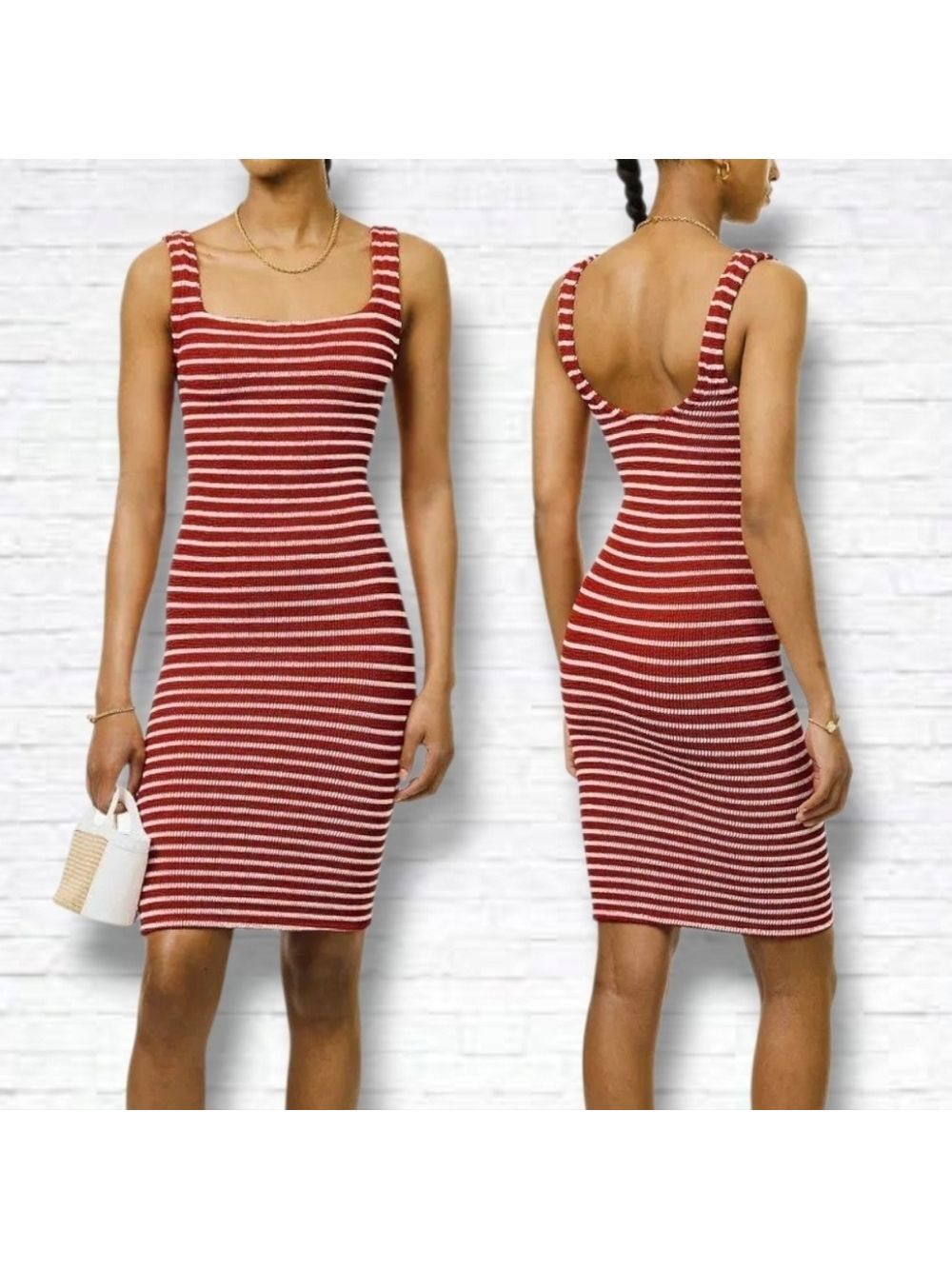 NEW! HUNZA G Red & White Striped Square-Neck Mini Dress One Size